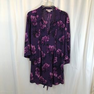 Purple Pink Pleat Blouse Wide 3/4 Sleeve Tie Back